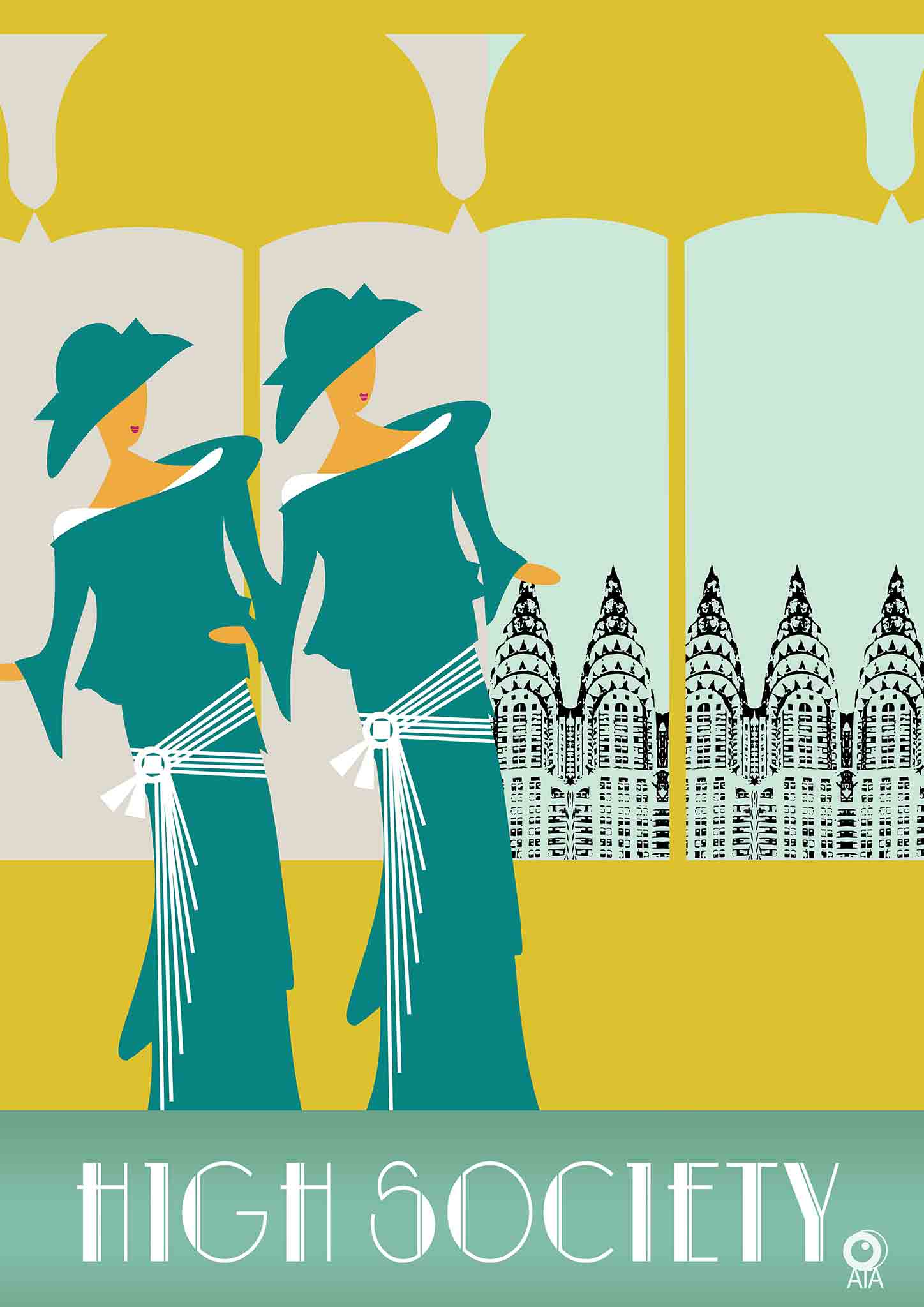 Artistic depiction of two women in formal attire with a cityscape in the background, titled 'High Society'.Design by ATADesigns.