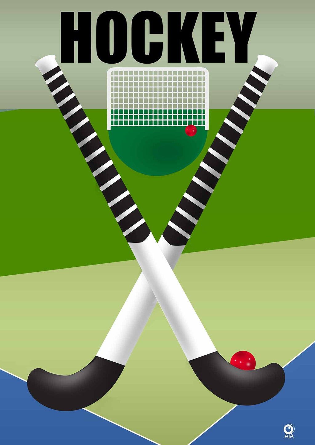 Crossed hockey sticks with a goal and ball on a green field, labeled 'Hockey'. Design by ATADesigns.