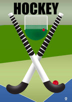 Crossed hockey sticks with a goal and ball on a green field, labeled 'Hockey'. Design by ATADesigns.