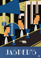 Art Deco-style illustration of a bar scene with men in tuxedos and the word 'Jasper's' at the bottom. Design by ATADesigns.