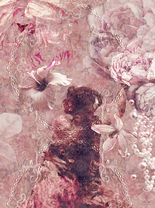 Ladies of Fleur wallpaper mural by ATADesigns. A vintage-style floral collage print featuring a central dark figure in a deep-pink and mauve-toned composition with flowers, pearls, chains, and soft abstract textures.