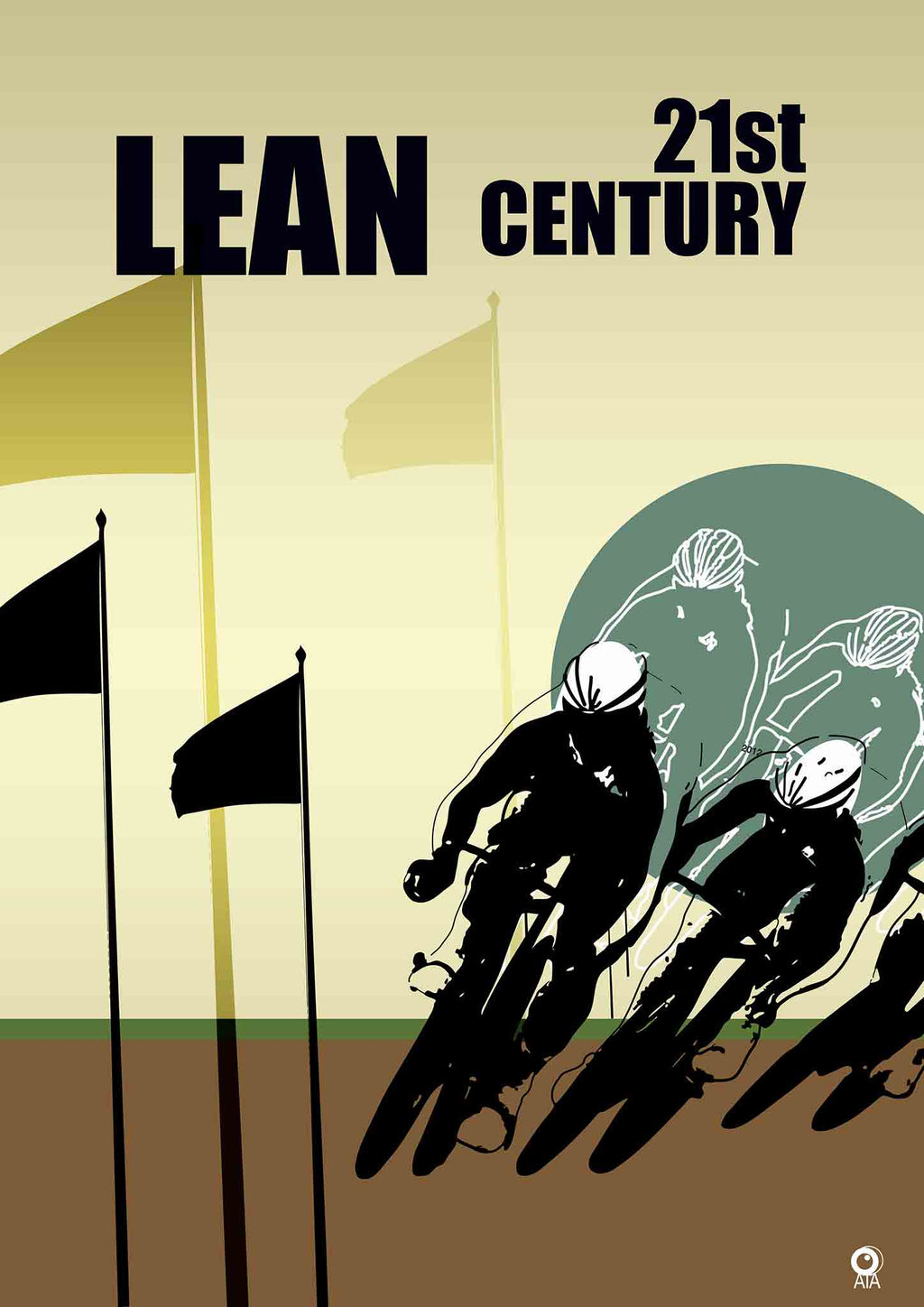 Simplified illustration of cyclists racing with text 'Lean 21st Century' on a beige background. Design by ATADesigns.