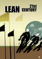 Simplified illustration of cyclists racing with text 'Lean 21st Century' on a beige background. Design by ATADesigns.
