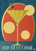 Illustration of a cocktail glass with lemon slices and olives on a red background, featuring the text 'Lenore Cocktail'. Design by ATADsigns.