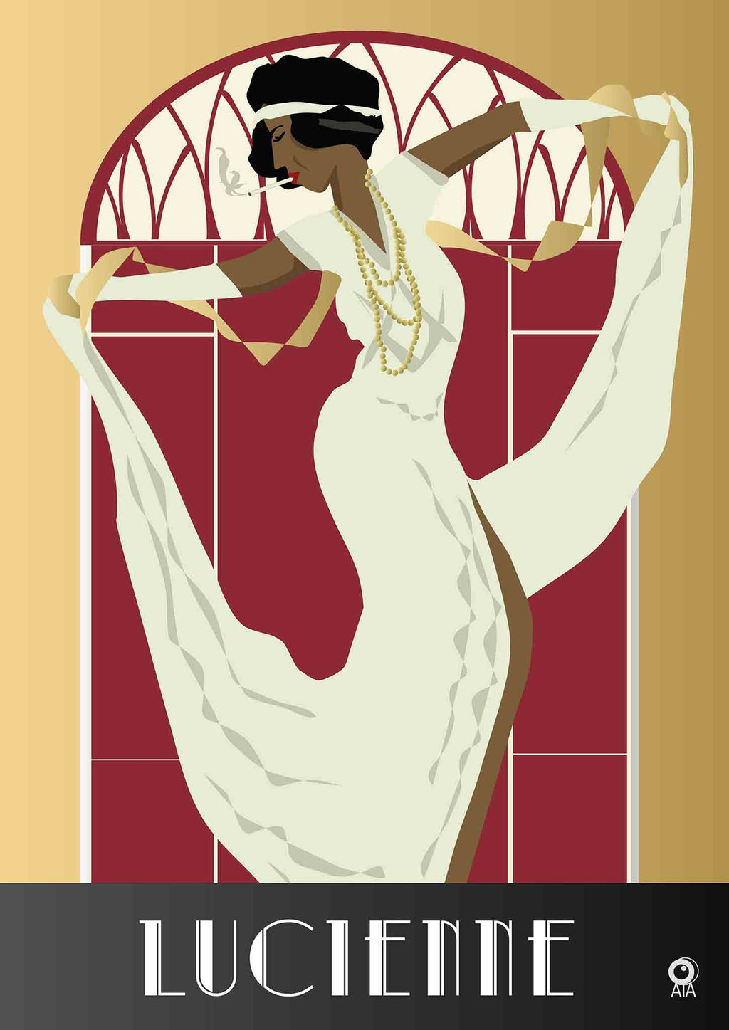 Art Deco-style illustration of a woman in a white dress with gold accents, set against a red and beige background. The brand 'Lucienne' is visible at the bottom. Design by ATADesigns