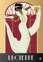 Art Deco-style illustration of a woman in a white dress with gold accents, set against a red and beige background. The brand 'Lucienne' is visible at the bottom. Design by ATADesigns