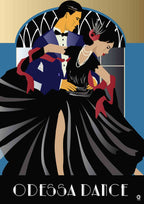 Art Deco-style illustration of a man and woman in formal attire with 'Odesa Dance' text.