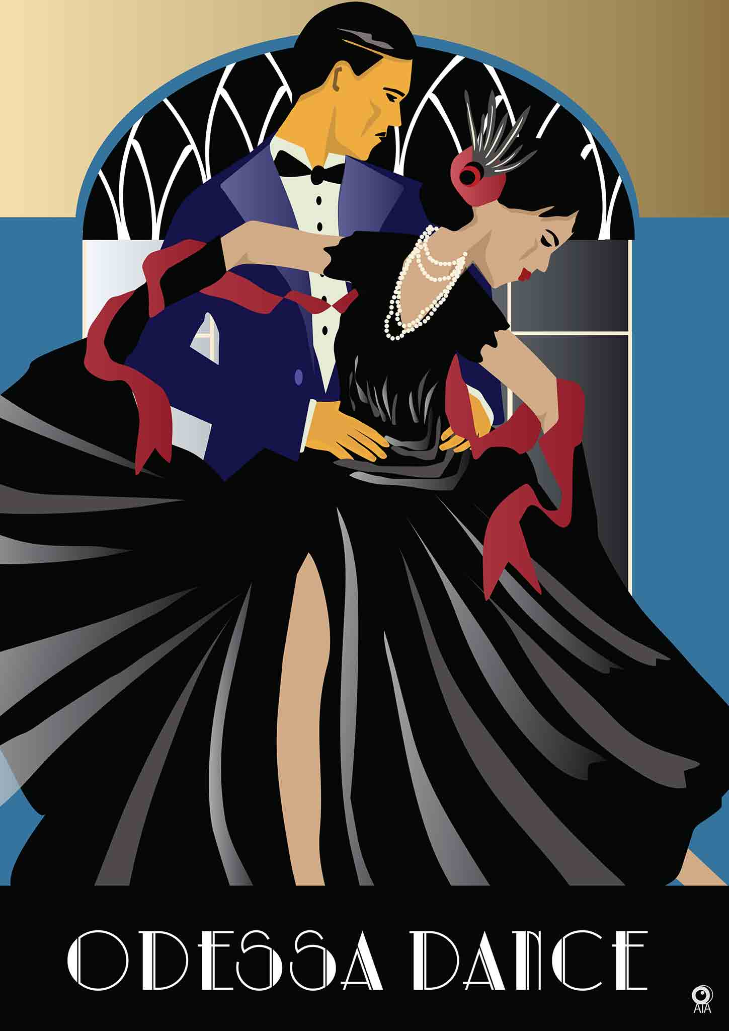 Art Deco-style illustration of a man and woman in formal attire with 'Odesa Dance' text.
