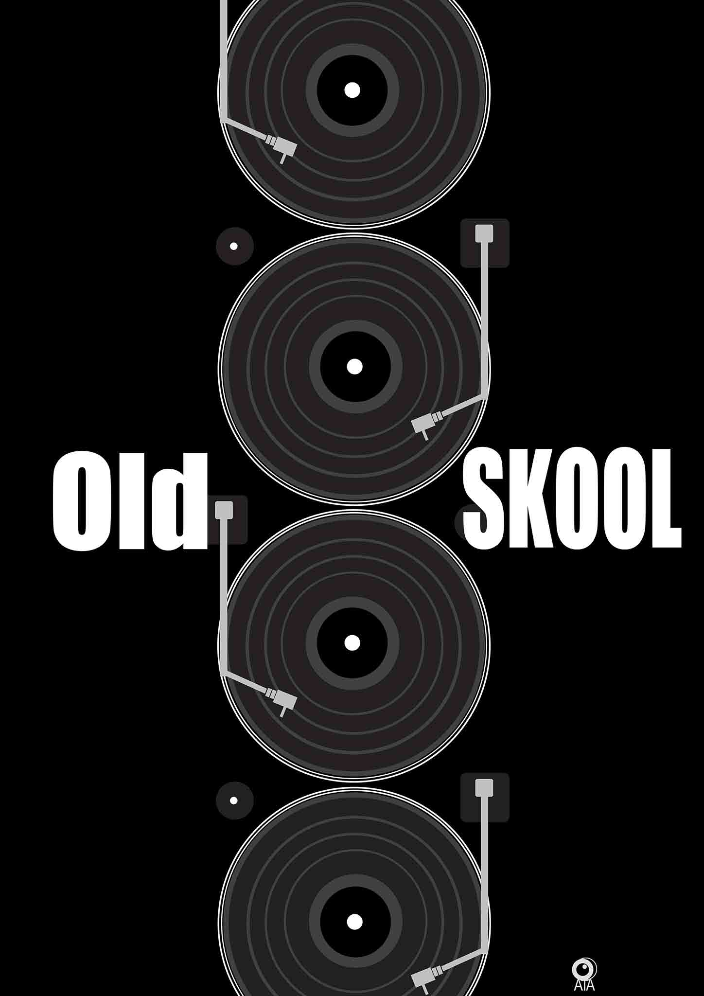Black and white graphic with vinyl records and 'Old Skool' text on a black background. Design by ATADesigns.