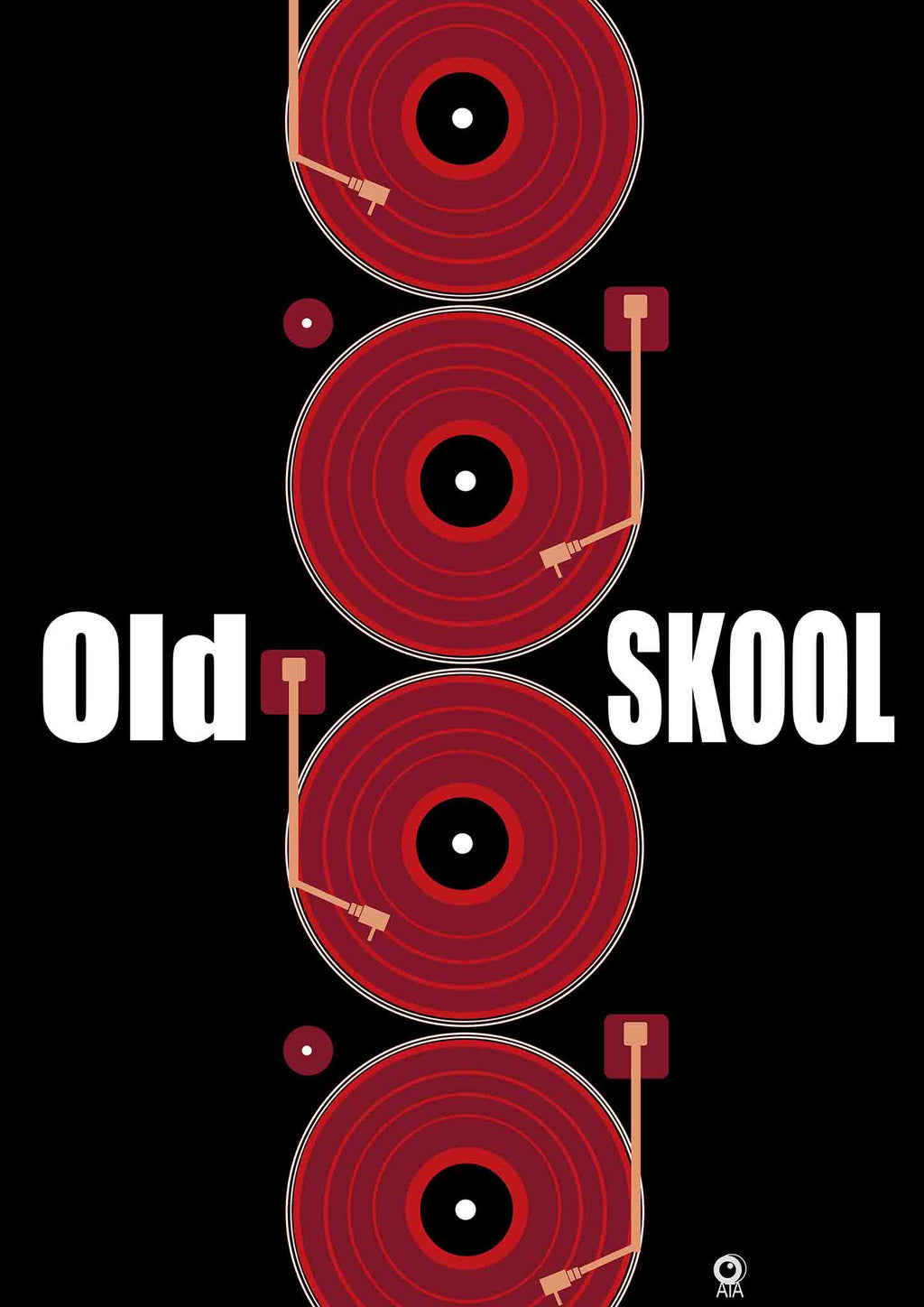 Red vinyl records with 'Old Skool' text on a black background. Design by ATADsigns.