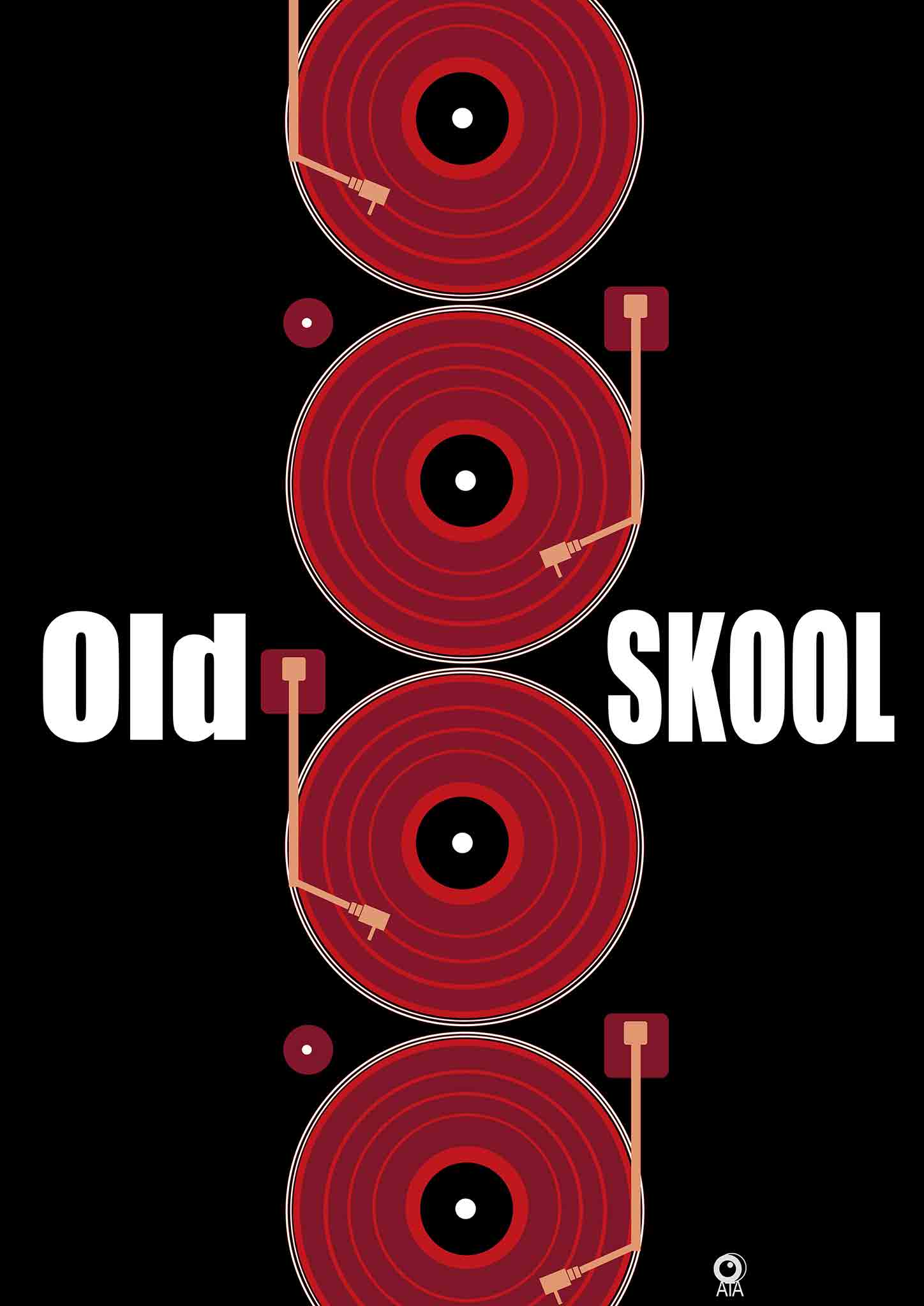 Red vinyl records with 'Old Skool' text on a black background. Design by ATADsigns.