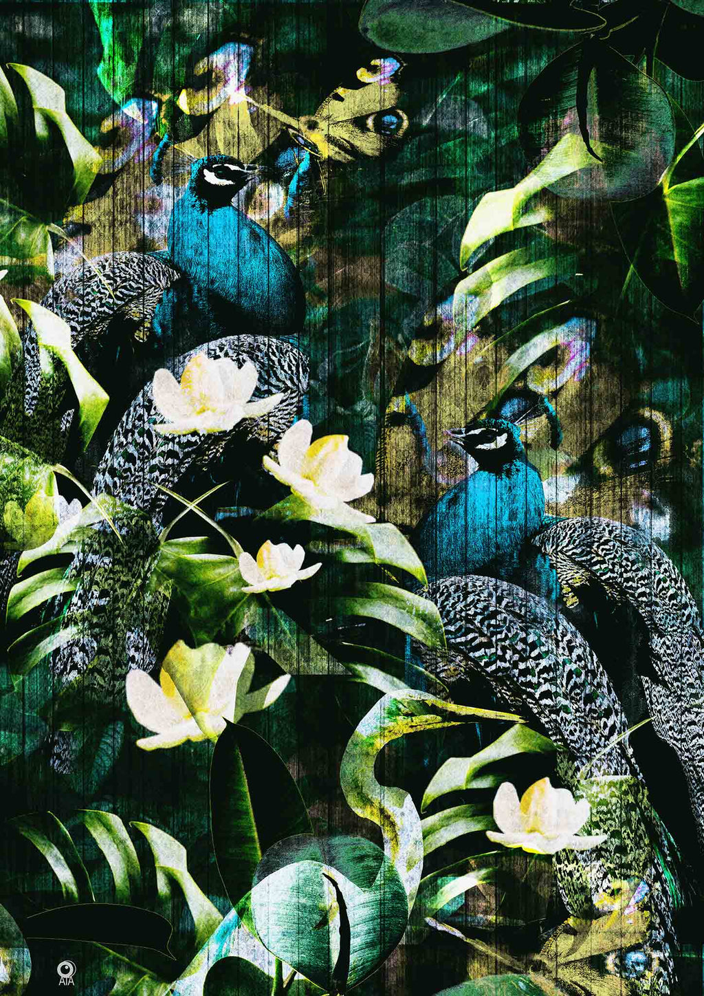 Artistic depiction of birds and flowers with a textured green background. Design by ATADesigns.