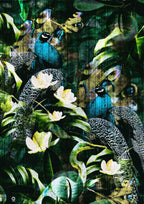 Artistic depiction of birds and flowers with a textured green background. Design by ATADesigns.