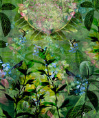 Collage of birds and nature with a circular mirror effect. Design by ATADesigns.