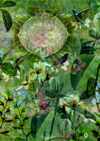 Collage of birds and flowers with a circular floral design overlay. Design by ATADesigns.