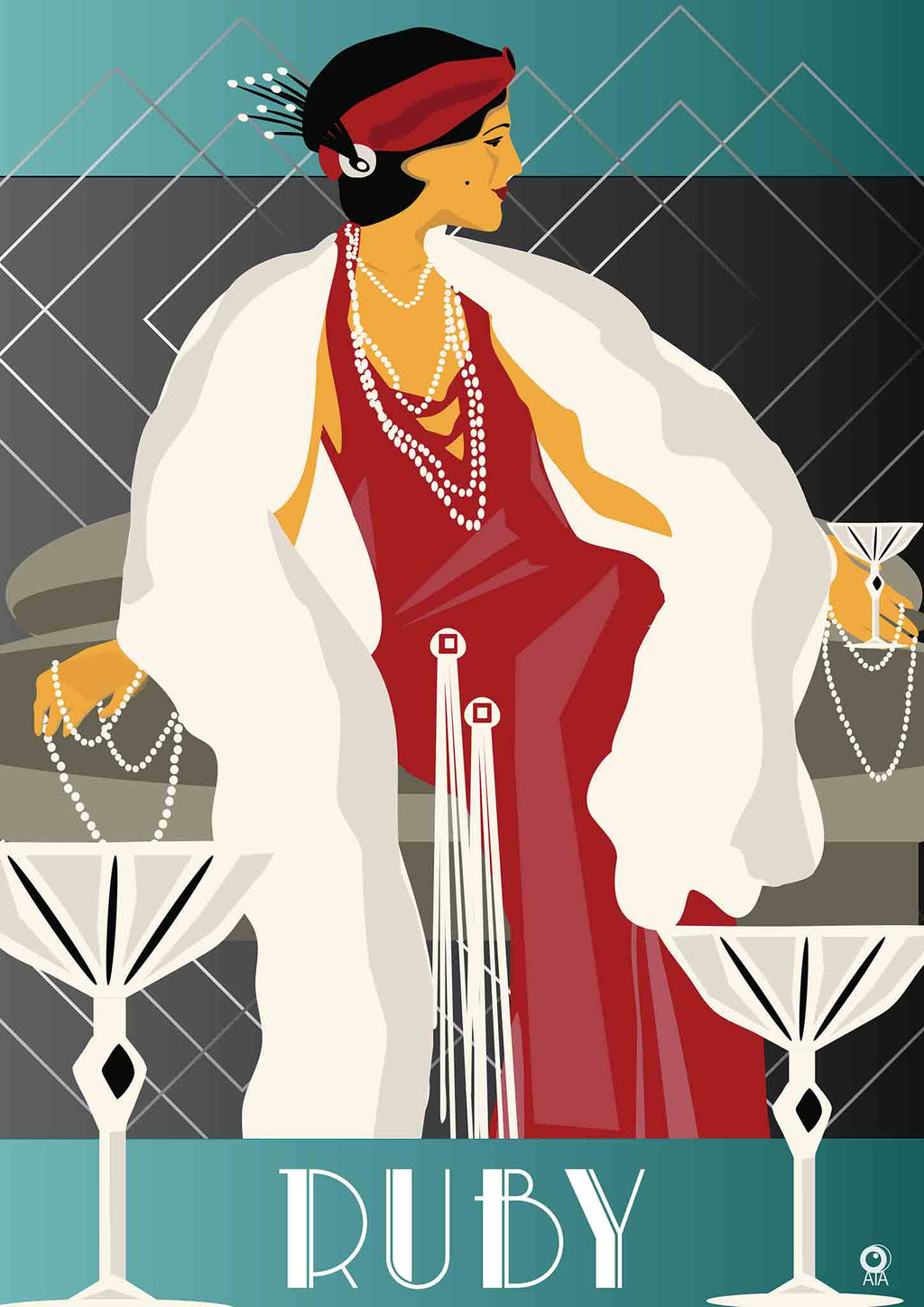 Art Deco-style illustration of a woman in a red dress and white coat, holding a cocktail, with 'Ruby' text at the bottom. Design by ATADesigns