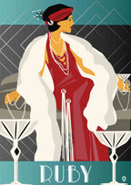 Art Deco-style illustration of a woman in a red dress and white coat, holding a cocktail, with 'Ruby' text at the bottom. Design by ATADesigns