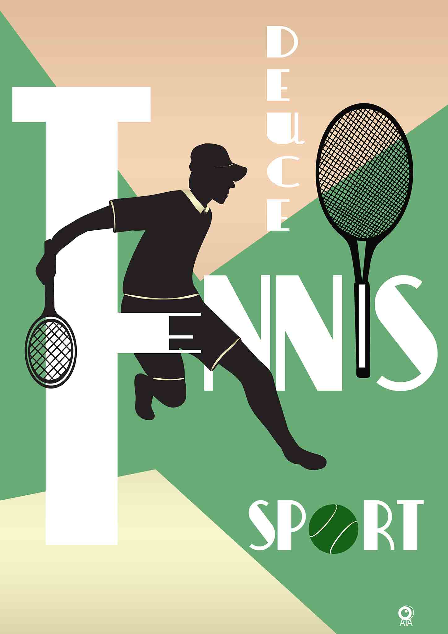 Tennis-themed poster with a silhouette of a player, rackets, and the word 'Tennis' on a colorful background. Design by ATADesigns.
