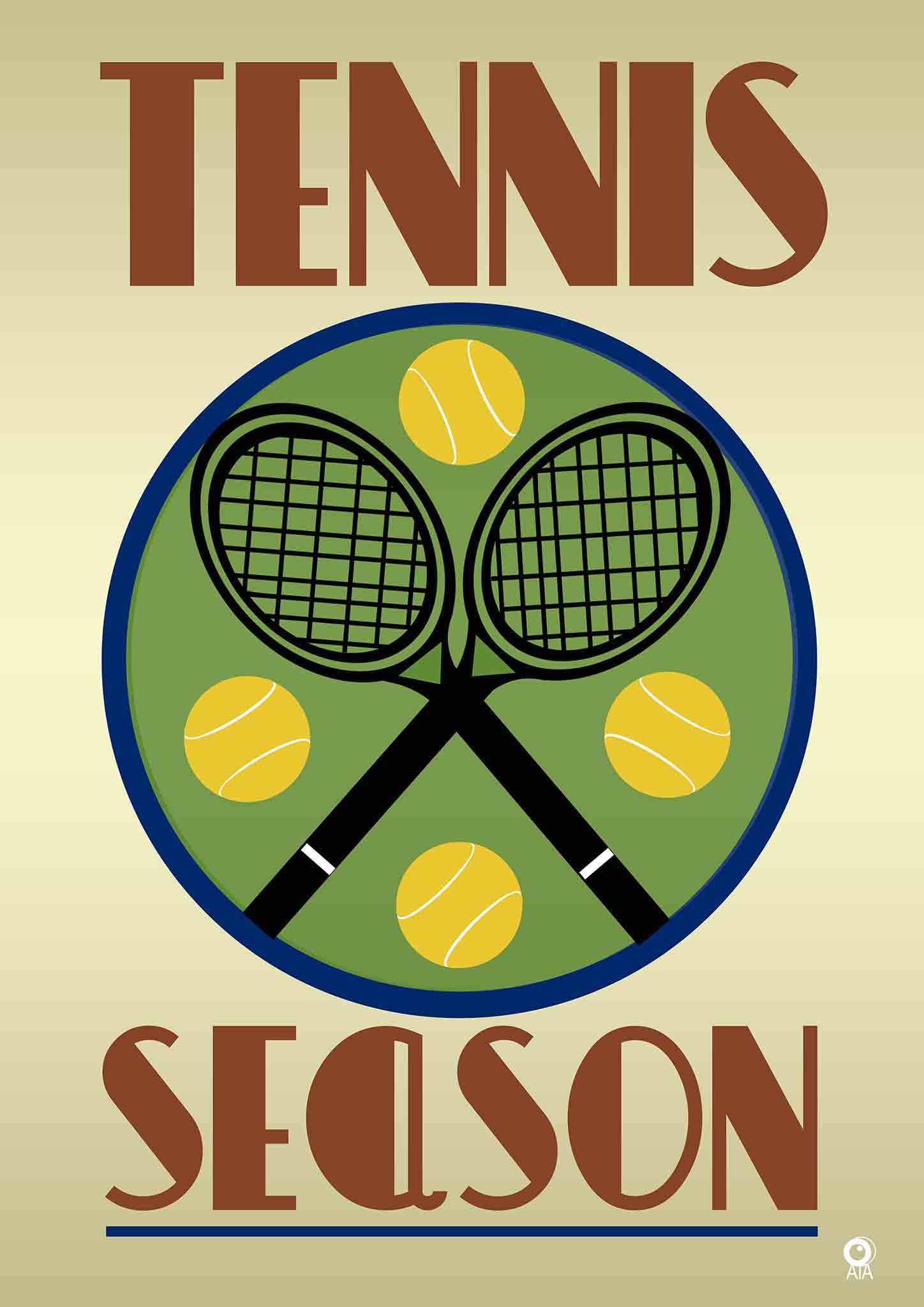 Vintage-style poster with crossed tennis rackets and balls, featuring the text 'Tennis Season' on a beige background. Design by ATADesigns.