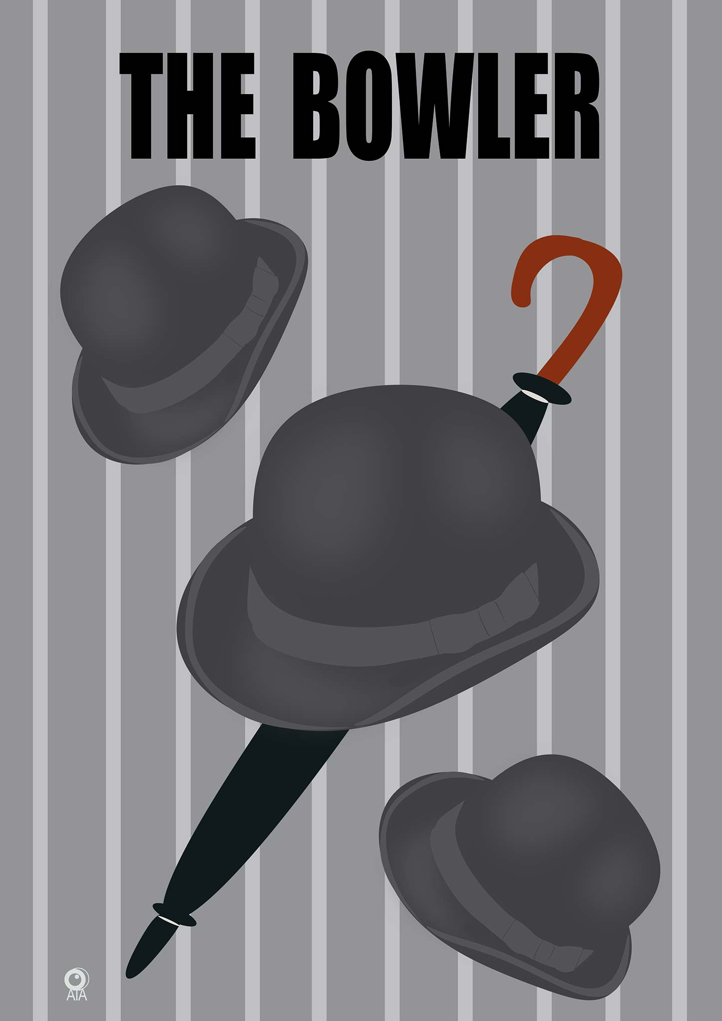 Illustration of a bowler hat and cane on a gray striped background with text 'The Bowler'. Design by ATADesigns.