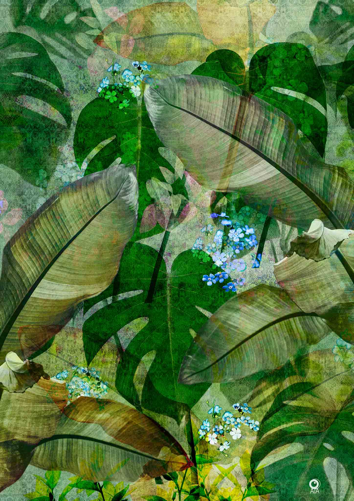 Artistic depiction of tropical leaves and flowers with a focus on green and brown tones. Design by ATADesigns,