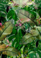 Collage of tropical leaves and flowers with a colorful background
