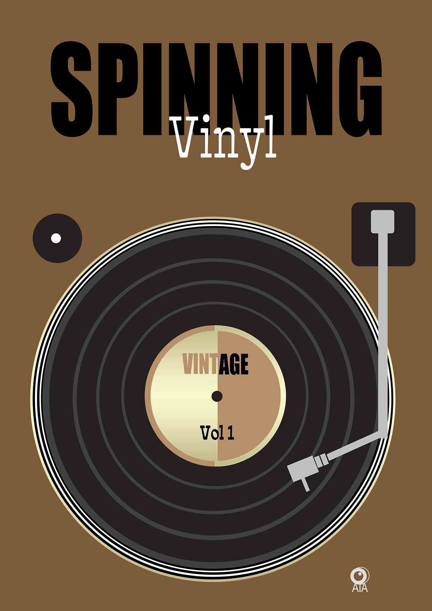 Turntable with a vinyl record on a brown background, featuring the text 'Spinning Vinyl'. Design by ATADesigns