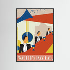 Illustration of men in tuxedos at a jazz bar with musical notes and a saxophone. Art Deco Art Print called Walters Jazz Bar design by ATADesigns