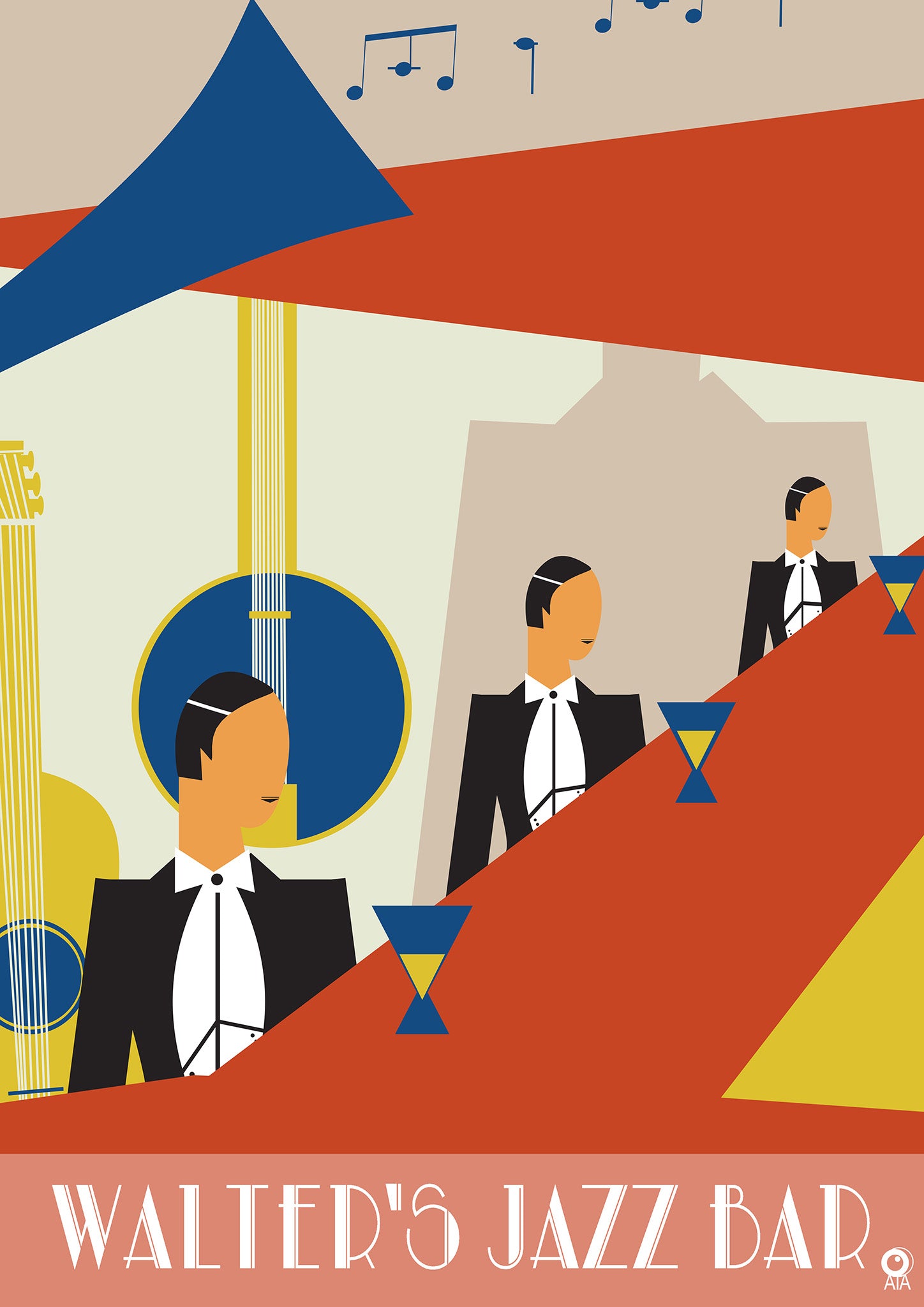 Illustration of men in tuxedos at a jazz bar with musical notes and a saxophone. Art Deco Art Print called Walters Jazz Bar design by ATADesigns
