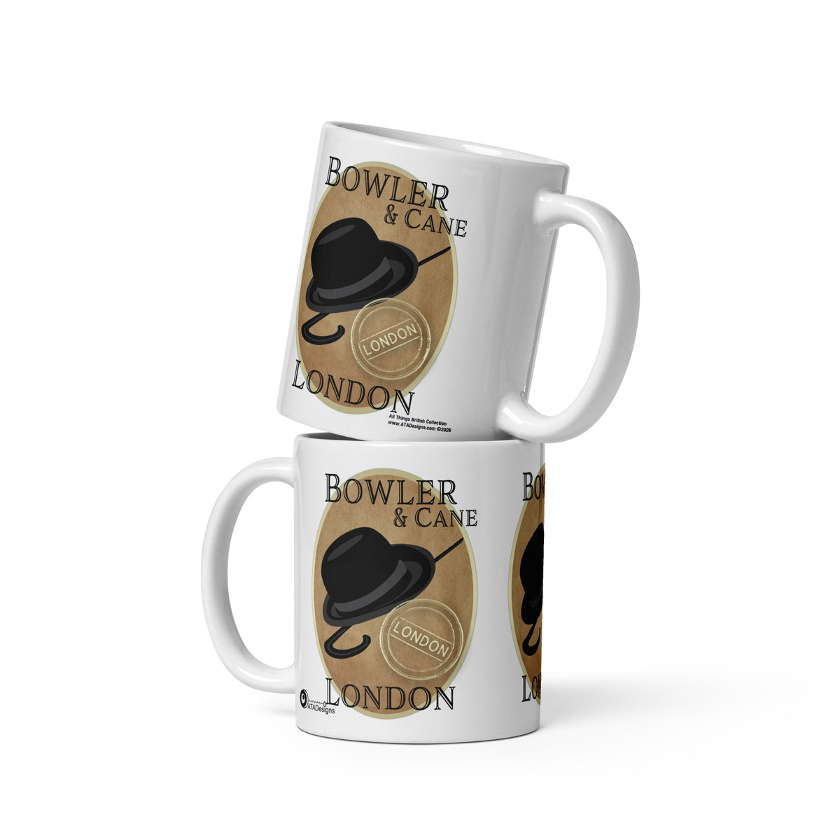 Two stacked white Bowler & Cane mugs by ATADesigns, showing black bowler hats, canes and London stamps on tan backgrounds.