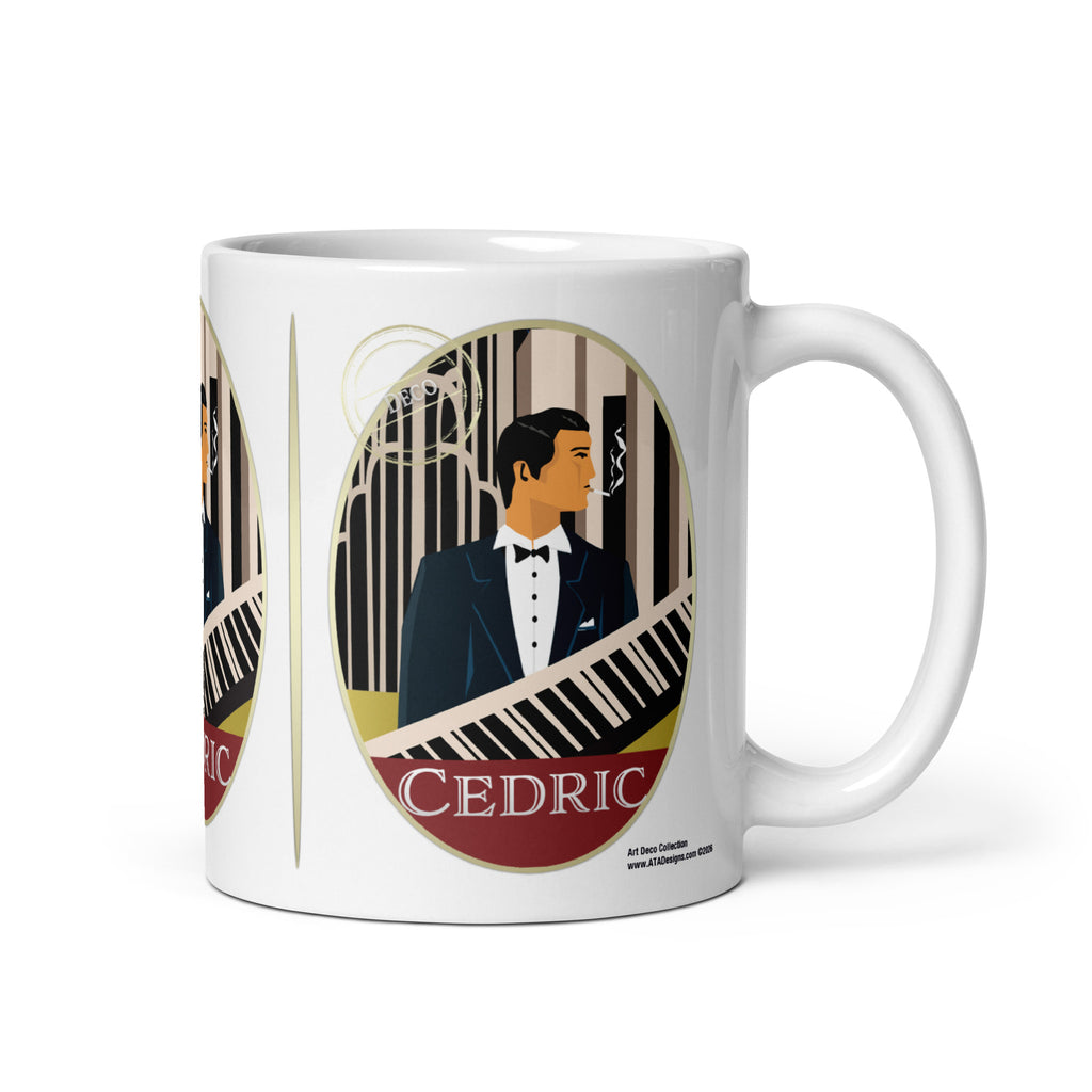 White Cedric Art Deco mug with a man in a dinner jacket, piano keys and geometric stripes, handle on the right.