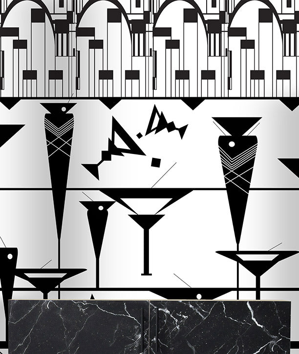 City Cocktails Art Deco mural by ATADesigns.  Features a black and white Art Deco style graphic design featuring geometric shapes, stylised cocktail glasses, arches, and a dark marble-textured base.