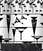 City Cocktails Art Deco mural by ATADesigns.  Features a black and white Art Deco style graphic design featuring geometric shapes, stylised cocktail glasses, arches, and a dark marble-textured base.