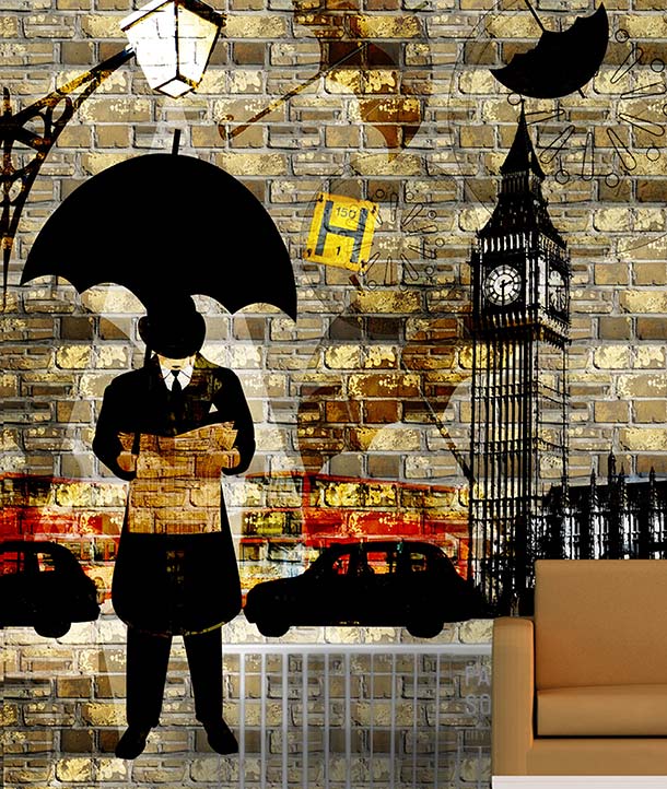 City Slicker London Mural — graphic collage-style wall mural featuring a silhouetted gentleman with umbrella, Big Ben, vintage London black cab, red bus on a textured golden brick background by ATADesigns