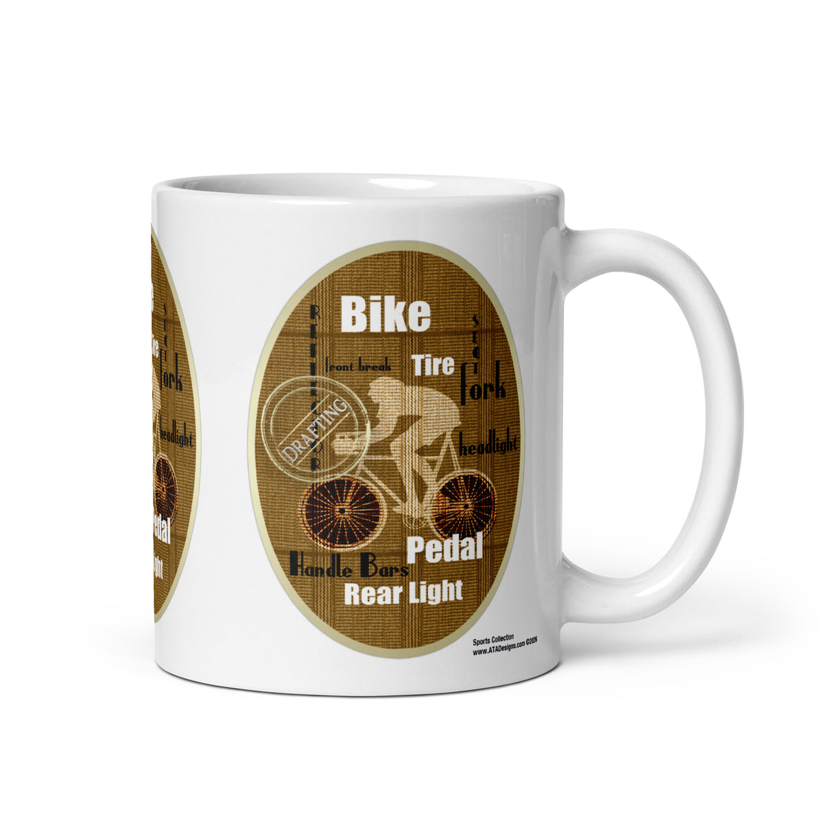 White Cyclist mug with a cream cyclist illustration and bicycle-part lettering on a brown checked background, handle right.