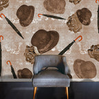 Edward Bowler mural design by ATADesigns.  This image features and chair in front of Edward Bowler mural featuring large dark and light brown bowler hats, roses illustration and floating grey umbrellas on illustration background with beige textures.