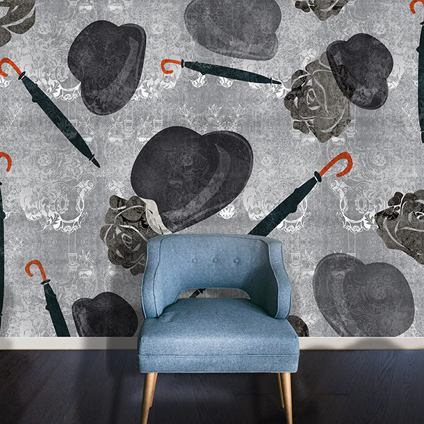 Edward Bowler mural design by ATADesigns.  This image features and chair in front of Edward Bowler mural featuring large dark and light grey bowler hats, roses illustration and floating grey umbrellas on illustration background with grey textures.