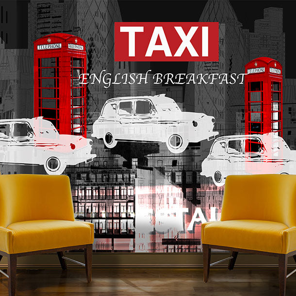 English Breakfast mural design by ATADesigns.  Feature two yellow soft chairs in front of the mural.  The mural features three Illustration English taxis, two red telephone boxes, white text taxi on red, and large english breakfast text on grey toned layered background.