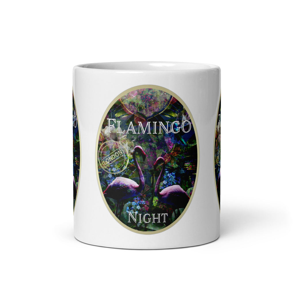 Front view of the Flamingo Night mug, showing two pink flamingos among dark foliage and colourful flowers.