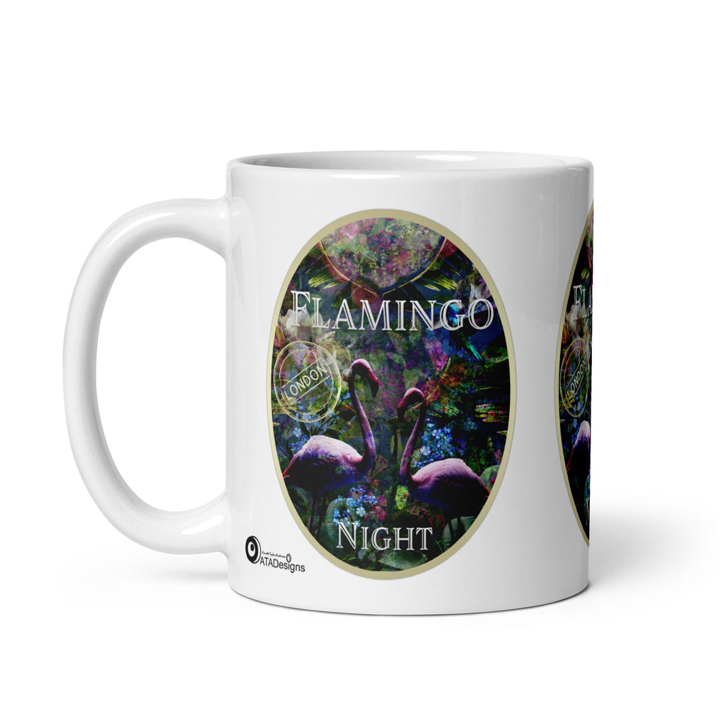 Flamingo Night mug by ATADesigns with two pink flamingos among dark foliage and colourful flowers, handle on the left.