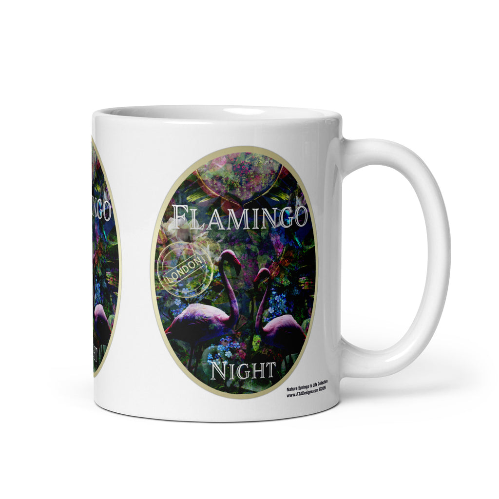 Flamingo Night mug by ATADesigns with two pink flamingos among dark foliage and colourful flowers, handle on the right.