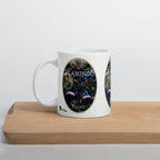 Flamingo Night mug with pink flamingos and colourful botanical artwork, displayed on a wooden board.