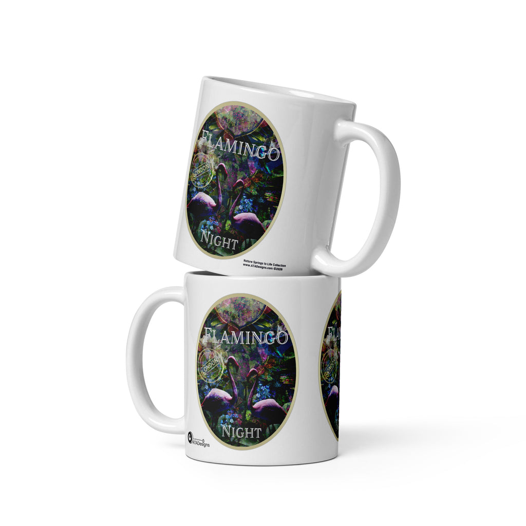  Two stacked Flamingo Night mugs by ATADesigns, each showing pink flamingos among dark foliage and flowers.