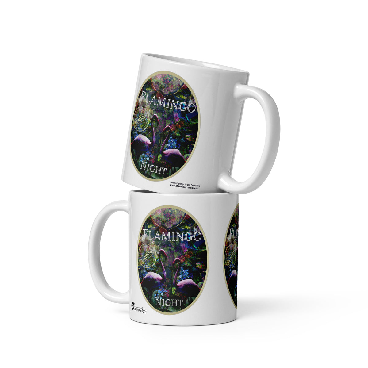  Two stacked Flamingo Night mugs by ATADesigns, each showing pink flamingos among dark foliage and flowers.