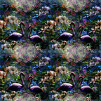 chair in front of Flamingo night wallpaper design featuring flamingos, birds on botanical nature background.