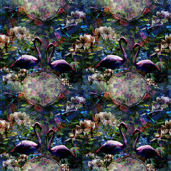 chair in front of Flamingo night wallpaper design featuring flamingos, birds on botanical nature background.