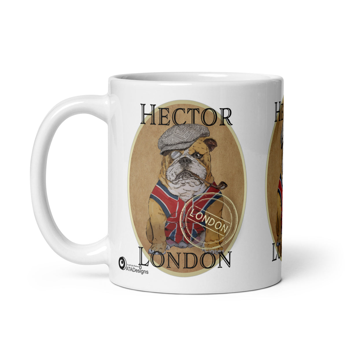 White Hector mug with a bulldog wearing a grey flat cap and Union Jack waistcoat, holding a pipe, handle on the left.