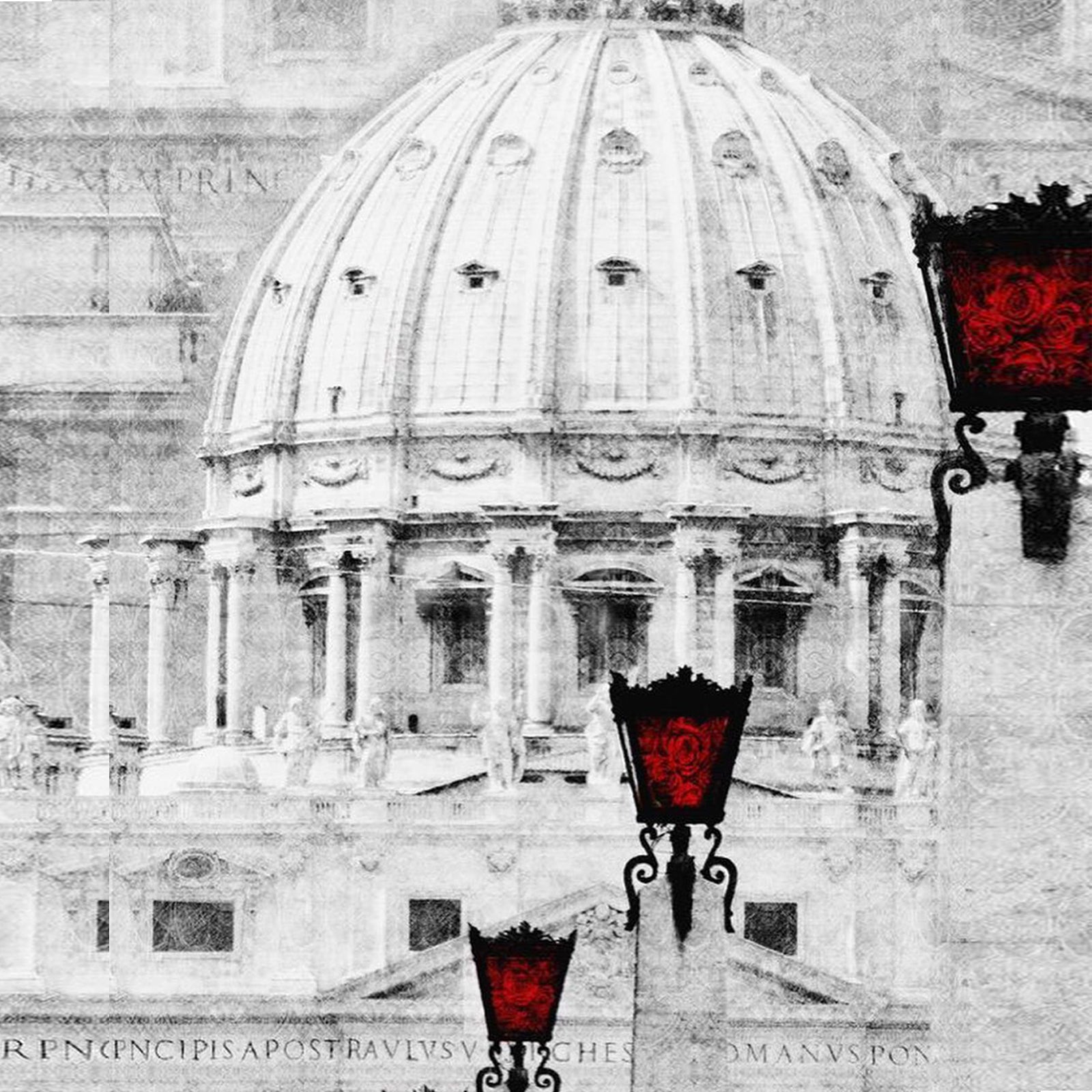 Close up of white Italian Dome building with red street lights on textured background.  Mural design by ATADesigns and Elisa Interiors