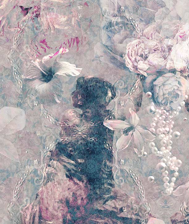 Ladies of Fleur wallpaper mural design by ATADesigns. An abstract floral and ornamental artwork with soft pink, pinky-grey and lavender flowers, pearl-like drops, chain motifs, and a dark central figure rendered in painterly, dreamlike textures.
