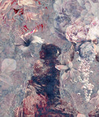 Ladies of Fleur wallpaper mural. An abstract floral and ornamental artwork featuring a dark central figure silhouette surrounded by layered flowers, pearls, chains, and soft pink, vintage-blue, grey, purple and red tones.